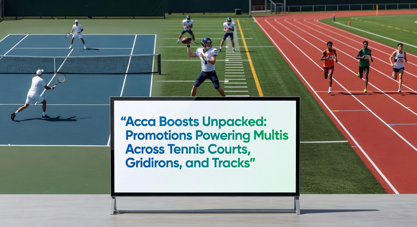 Dynamic split-image showing a tennis serve in mid-air, an NFL quarterback launching a pass amid defenders, and a pack of racehorses rounding a tight bend, symbolizing interconnected accumulator promotions