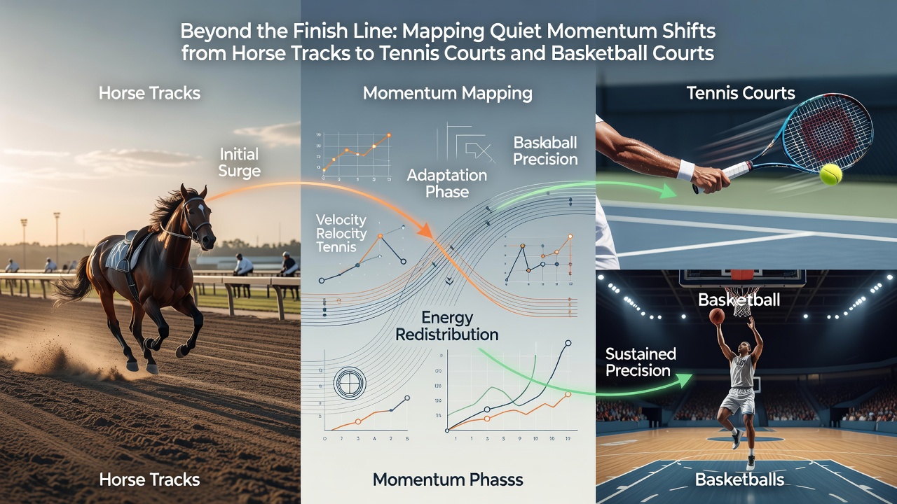 Composite image showing overlapping timelines of horse race sections, tennis point sequences, and basketball scoring runs
