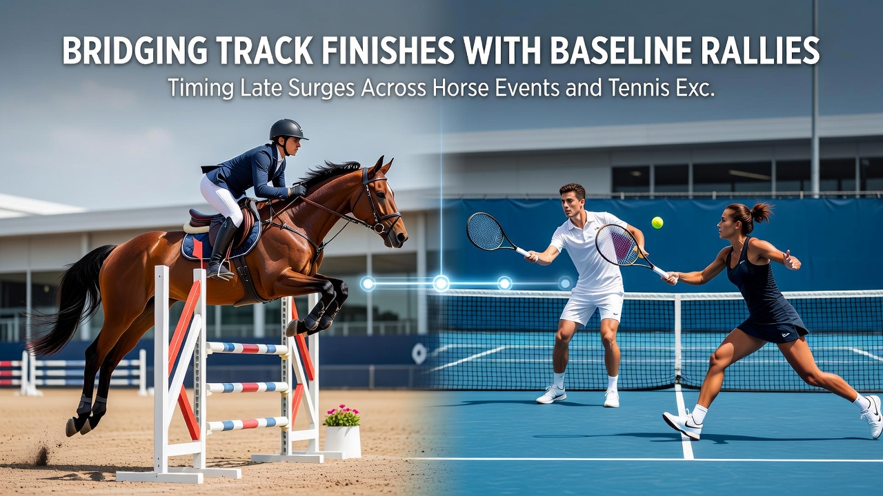 Split screen showing horse race photo finish and tennis player executing baseline rally for cross-sport betting analysis