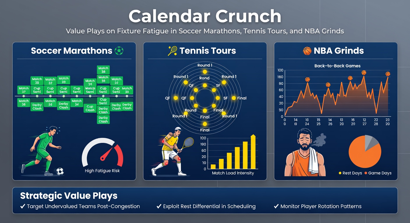 Tennis player serving exhausted after multi-week tournament swing, crowd blurred in background during night session