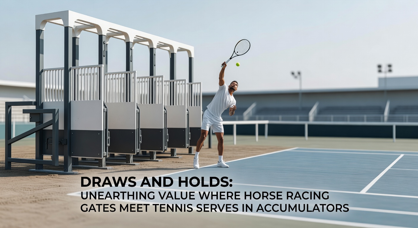Close-up of a tense tennis hold during a tiebreak overlaid with a split-screen of horse racing stalls opening, highlighting accumulator synergies