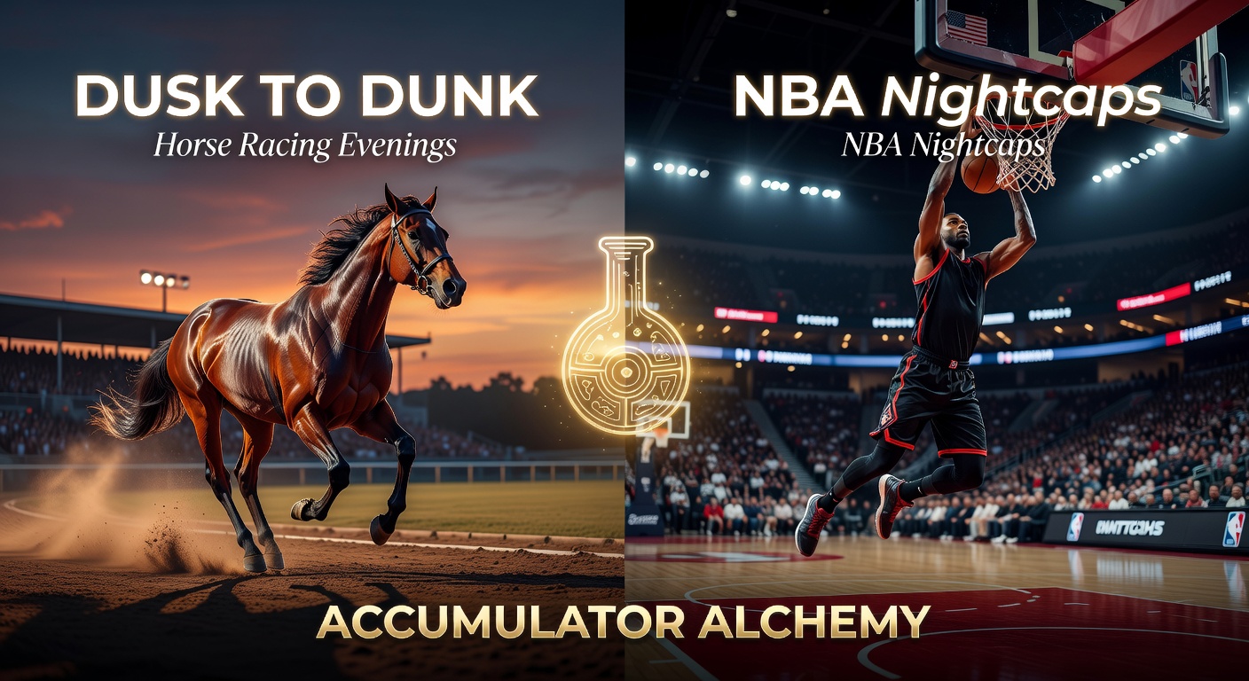 Dynamic split image of a horse crossing the finish line at evening twilight and an NBA player dunking in a packed arena, illustrating the accumulator transition