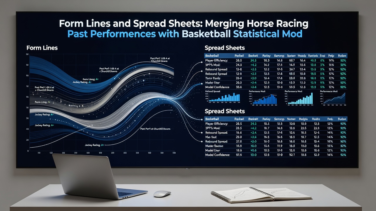Detailed view of spreadsheets displaying merged horse racing form lines and basketball advanced metrics side by side