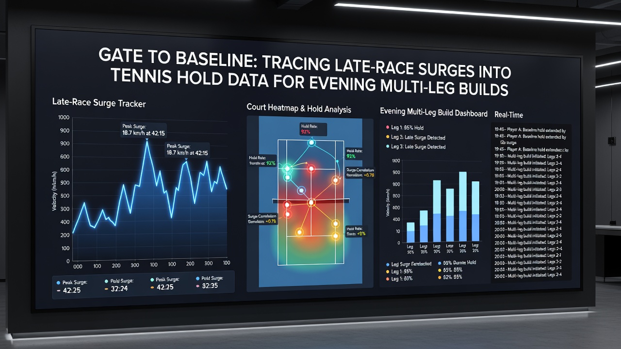 Tennis player holding serve during evening match with data overlay linking to horse racing performance metrics