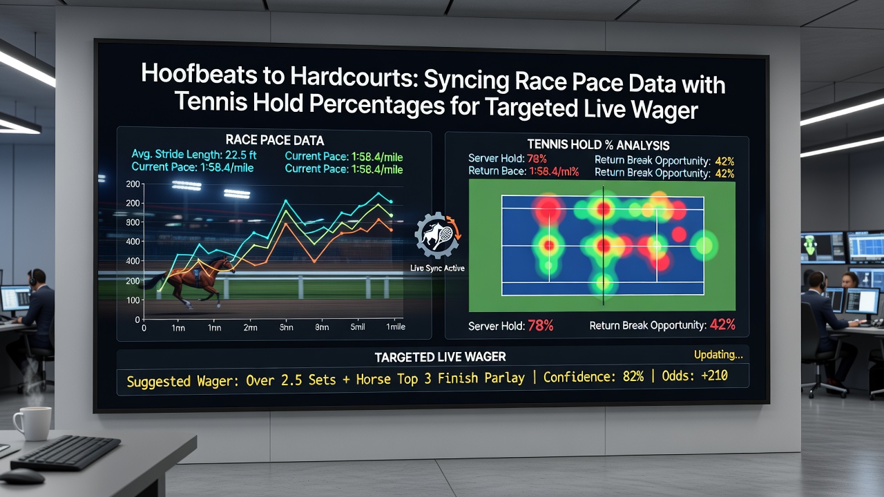 Split screen showing live horse racing fractions next to tennis service statistics during overlapping events