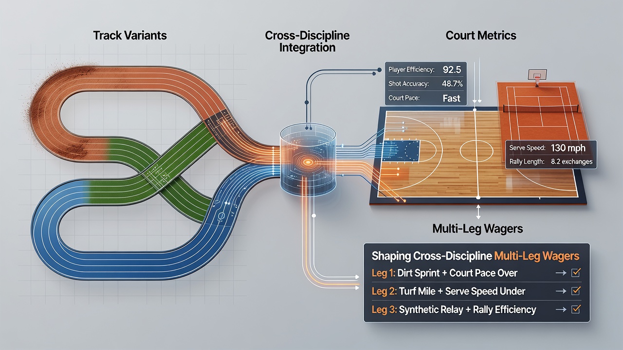 Visual representation of data layers connecting horse racing surfaces to tennis court analytics in accumulator planning