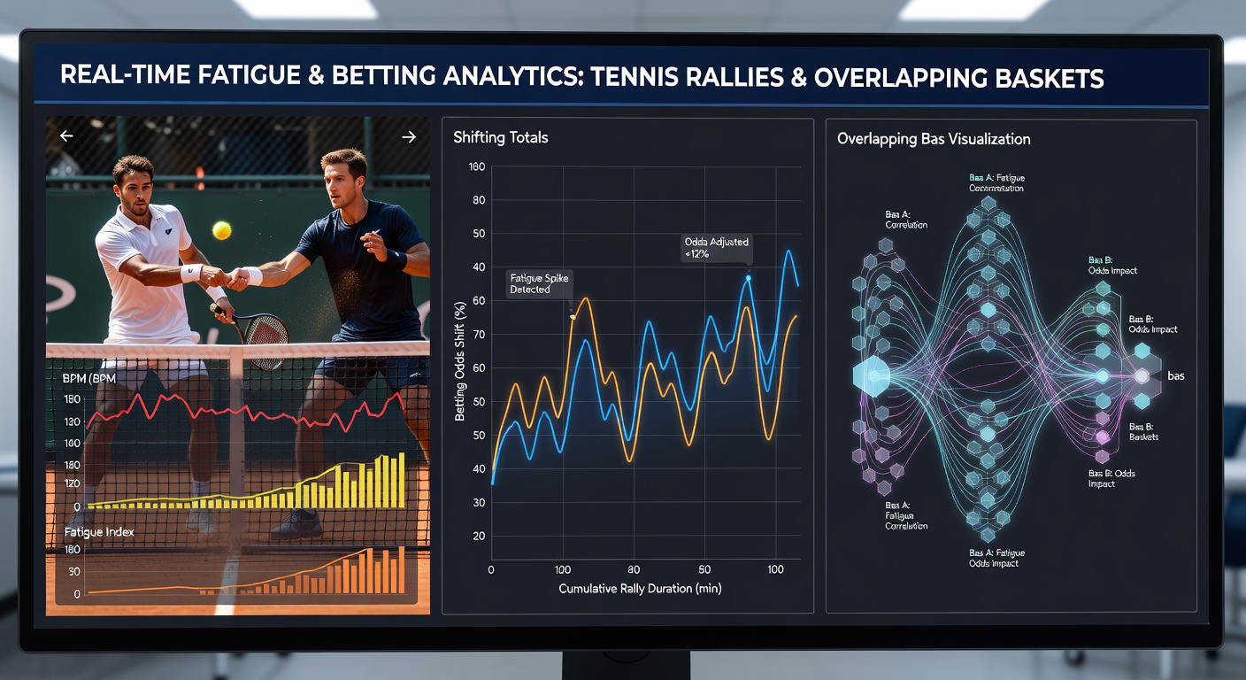 Analytical dashboards displaying correlated fatigue metrics from tennis with basketball totals lines and racing market movements