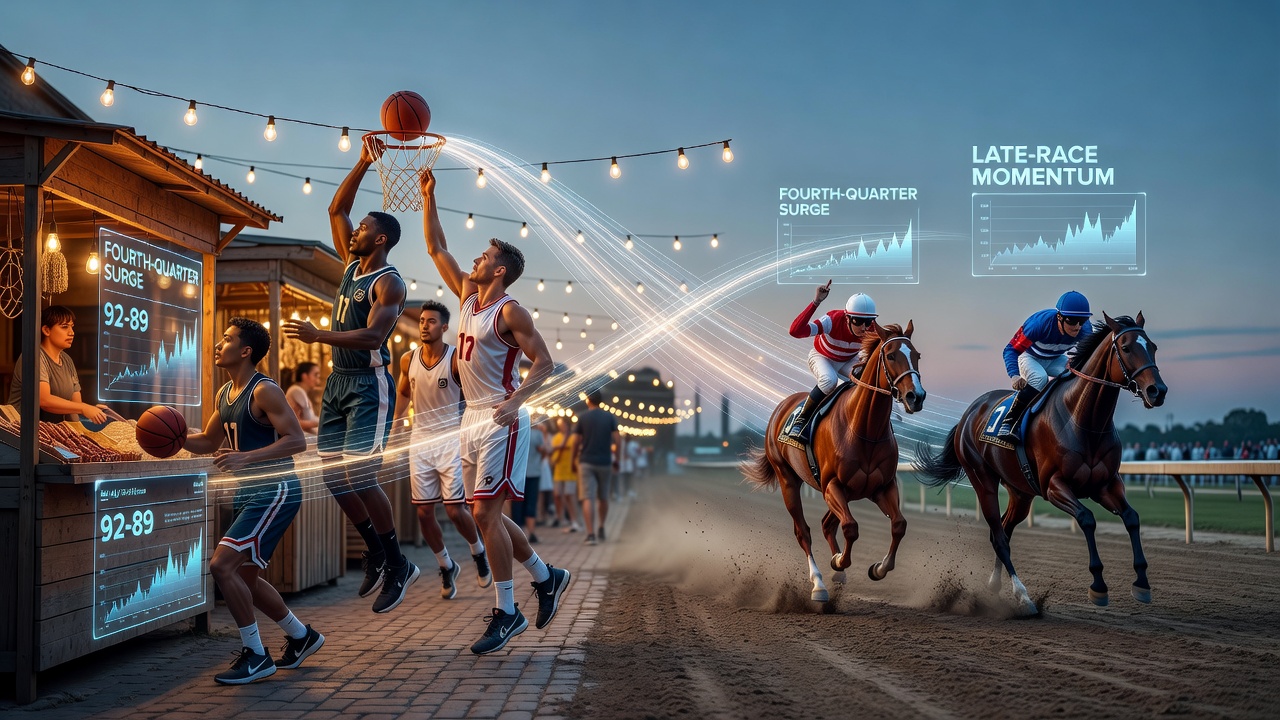 Live accumulator interface displaying synced basketball and horse racing momentum bets during twilight hours