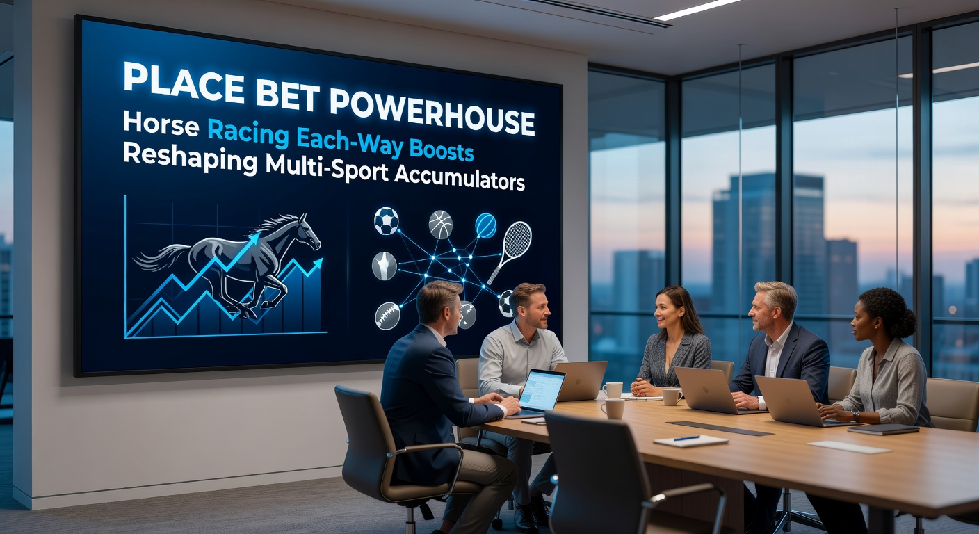 Dynamic graphic illustrating an accumulator slip with horse racing each-way legs boosted and linked to football, tennis, and basketball outcomes