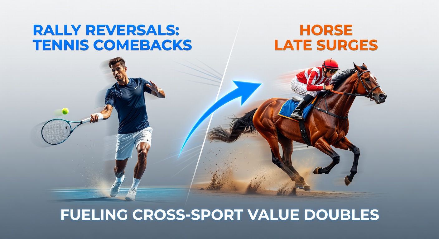 Horse surging powerfully in final stretch of a dirt track race, jockey urging it on amid flying dirt and rival challengers