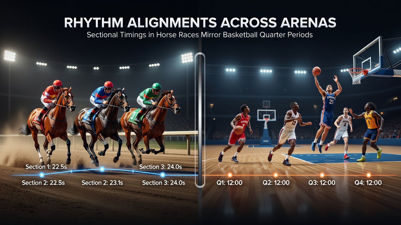 Comparative chart showing horse sectional pace curves alongside basketball quarter scoring bursts
