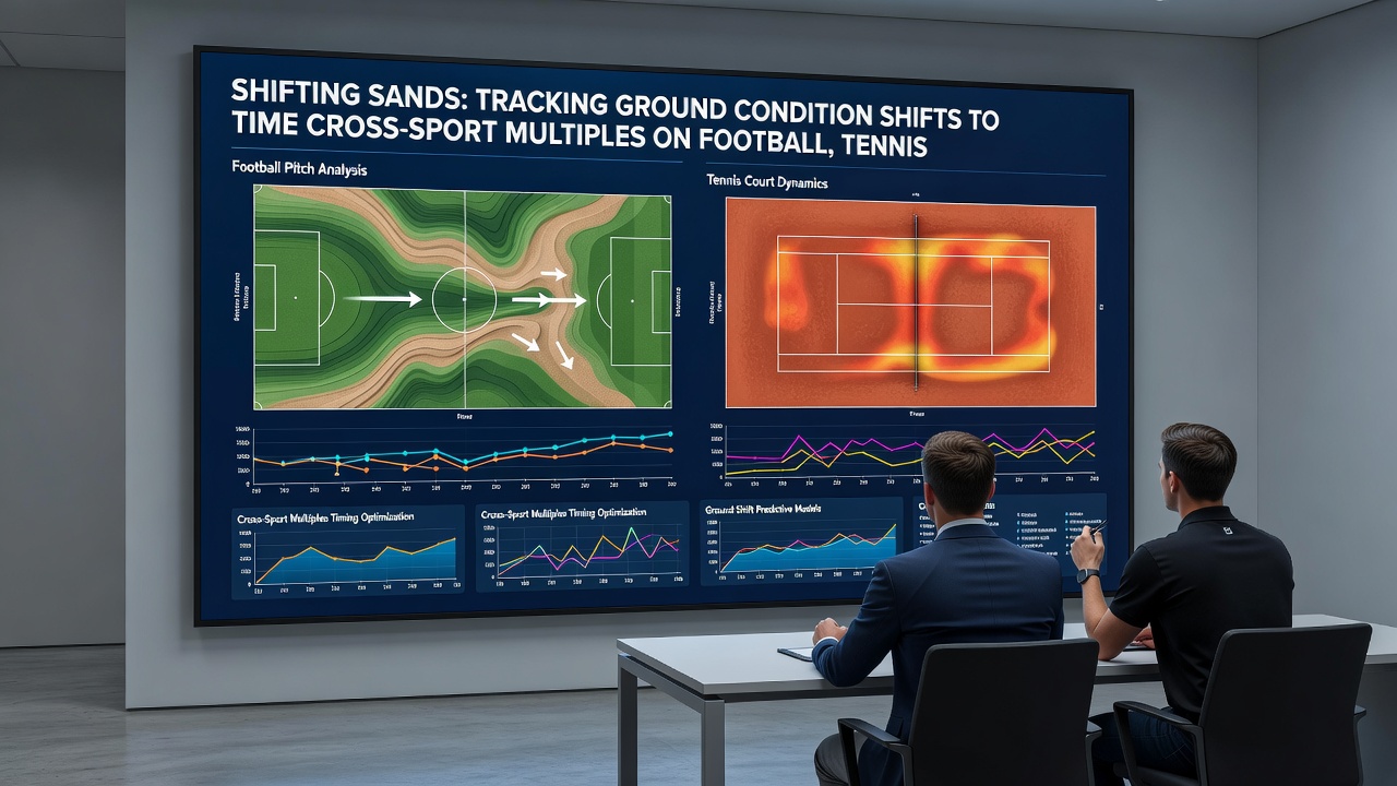 Side-by-side comparison of football pitch, tennis court and racing track surfaces under changing weather conditions