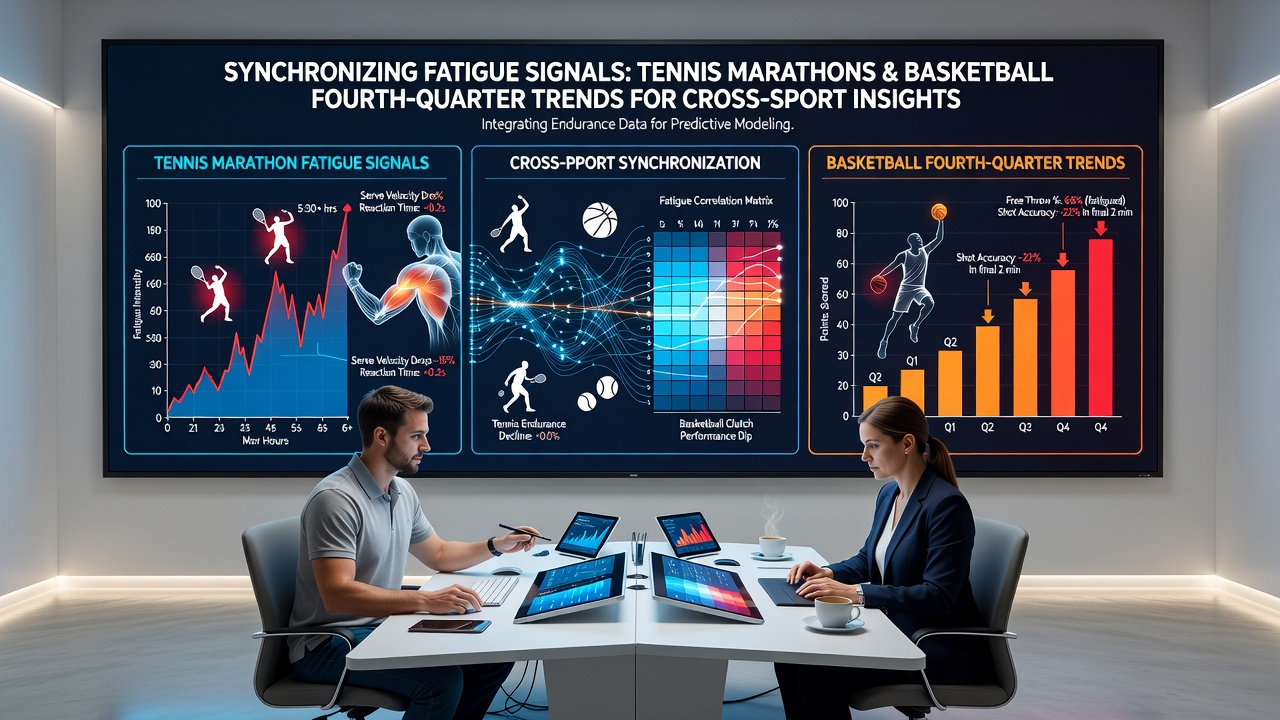 Data visualization overlaying tennis match duration statistics with basketball fourth quarter scoring trends