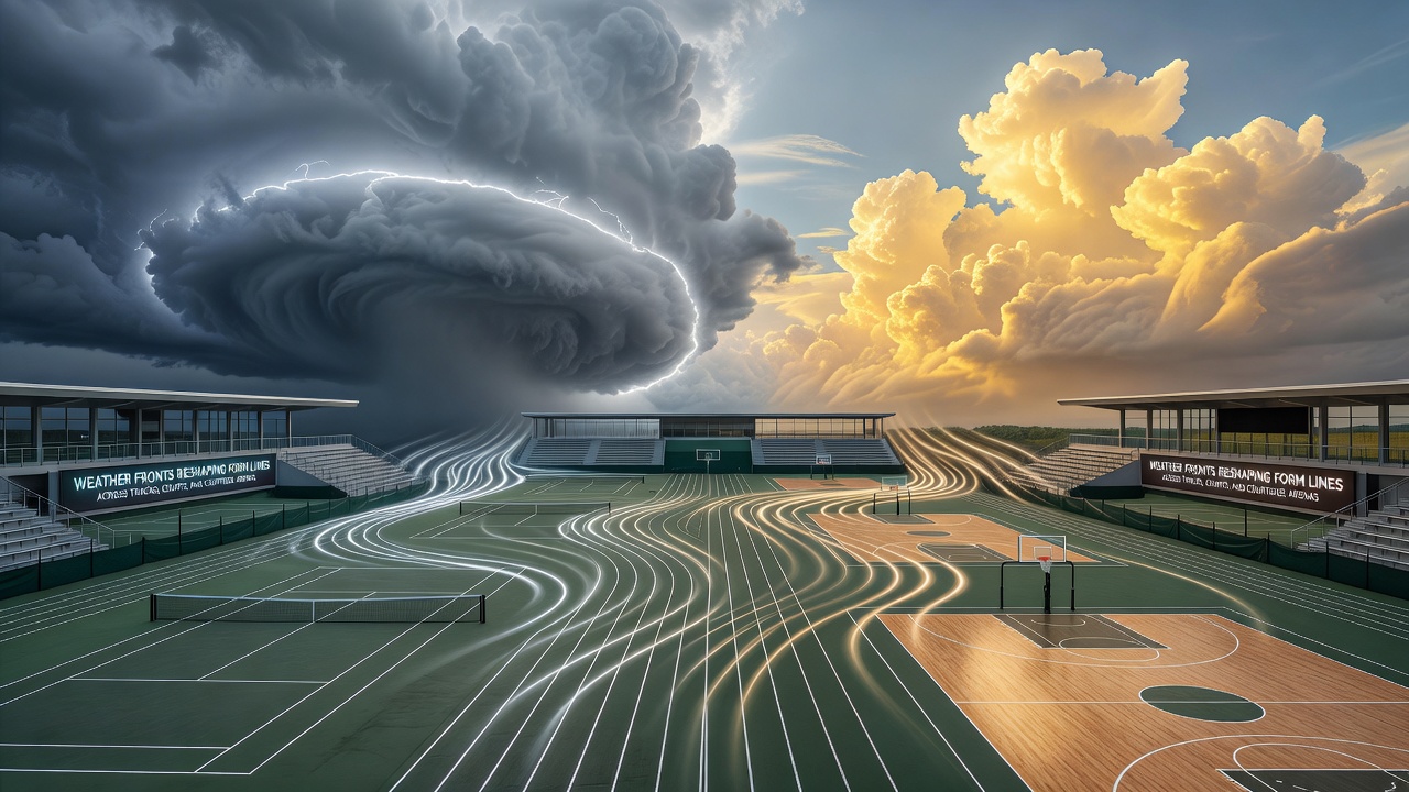 Weather monitoring equipment installed near a tennis court and basketball arena showing atmospheric data overlays